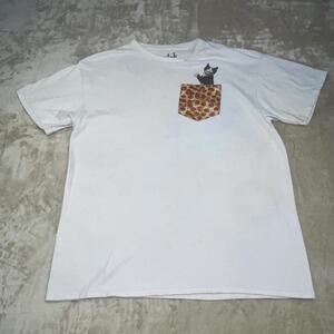 A.Lab Mens T-Shirt L  White Pocket Pizza Cat Graphic Short Sleeve Crew Neck FLAW